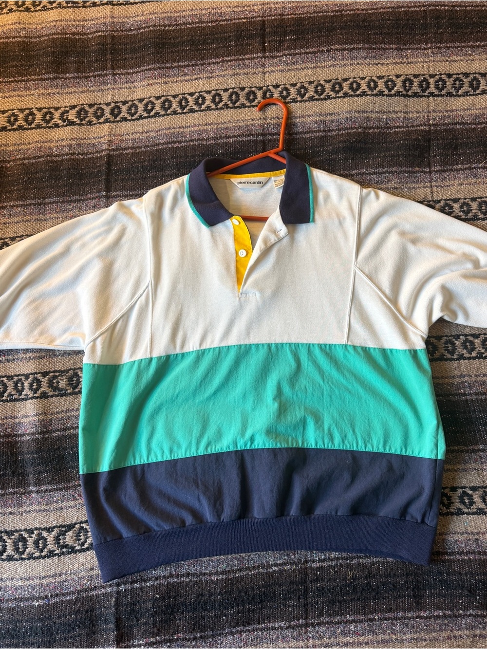 Pierre Cardin Men's White, Teal & Navy Colorblock Polo with Yellow Placket